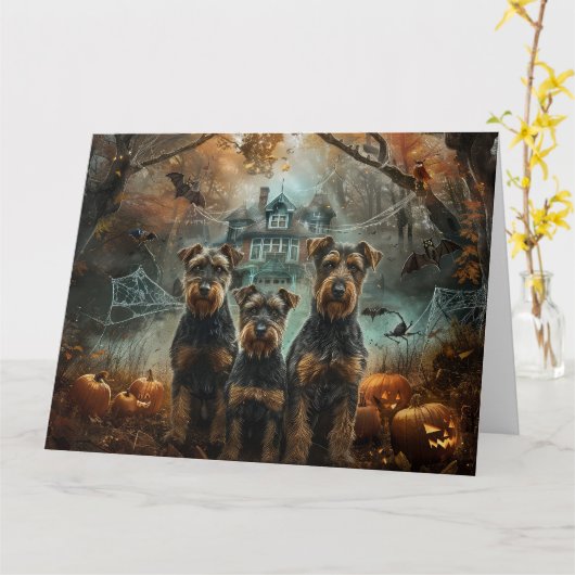 Airedale Halloween Night Doggy Delikatesse Karte (Gelbe Blume)