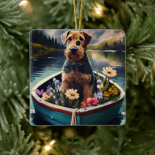 Airedale-Hund auf einem Paddel: Ein landschaftlich Keramikornament