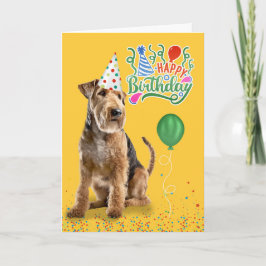Airedale Hund in Party Hut auf Gelbes Geburtstag Karte