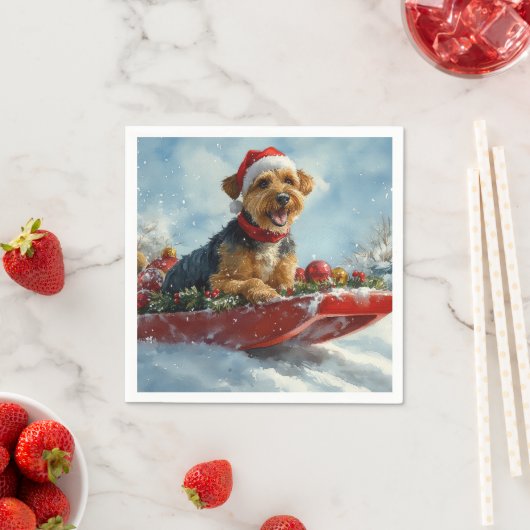 Airedale Hund in Sledge Let it Snow Weihnachten Serviette (Beispiel)
