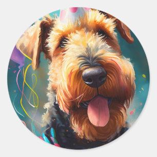 Airedale Hund mit Geburtstagshut und Ballons Runder Aufkleber