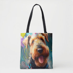 Airedale-Hund mit Geburtstagshut und Luftballons Tasche