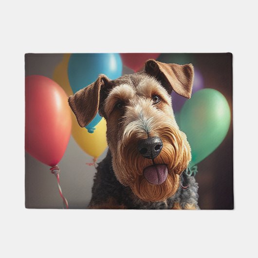 Airedale Hund mit Kuchen und Ballons Fußmatte (Vorderseite)