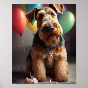 Airedale Hund mit Kuchen und Ballons Poster