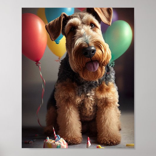 Airedale Hund mit Kuchen und Ballons Poster (Vorne)