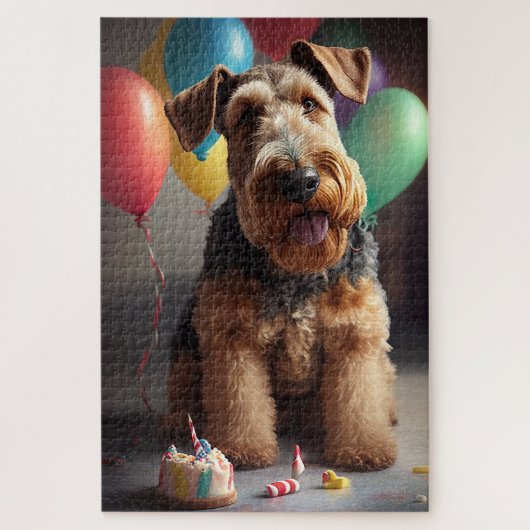 Airedale Hund mit Kuchen und Ballons Puzzle (Vertikal)