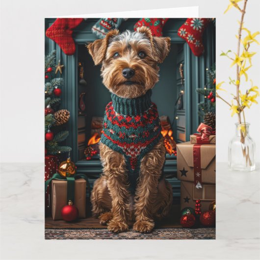 Airedale Hund mit Weihnachtsgeschenken Feuerplatz Karte (Gelbe Blume)