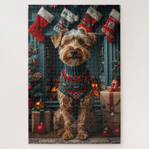 Airedale-Hund mit Weihnachtsgeschenken Kamin Puzzle