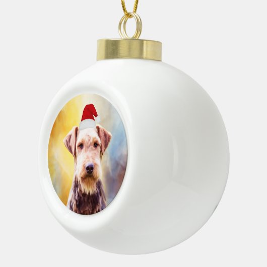 Airedale Hund Weihnachten Weihnachtsmannmütze Art Keramik Kugel-Ornament (Rechts)
