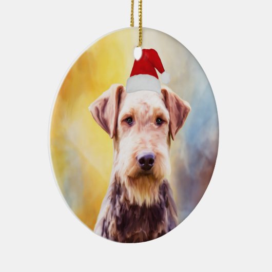 Airedale Hund Weihnachten Weihnachtsmannmütze Art Keramikornament (Rechts)