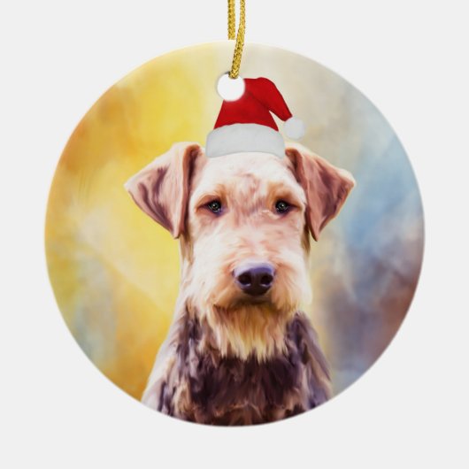 Airedale Hund Weihnachten Weihnachtsmannmütze Art Keramikornament (Vorne)