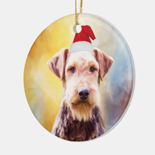 Airedale Hund Weihnachten Weihnachtsmannmütze Art Keramikornament (Links)