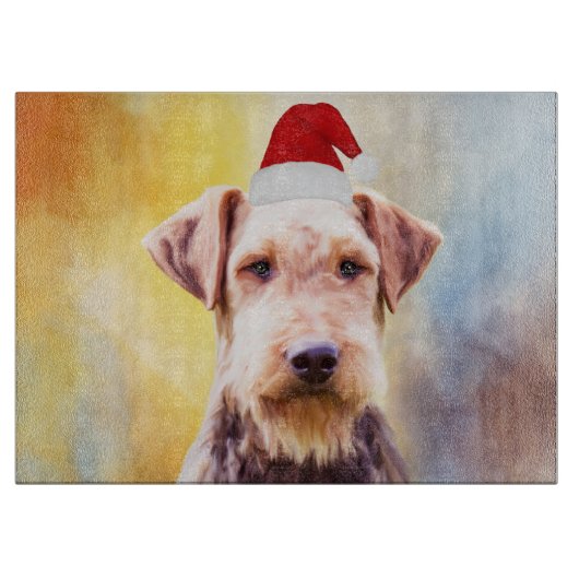 Airedale Hund Weihnachten Weihnachtsmannmütze Art  Schneidebrett (Vorderseite)