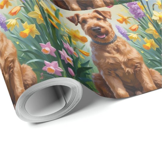 Airedale Hunde Frühlingsblumen Malerei Geschenkpapier (Rolleneckpunkt)