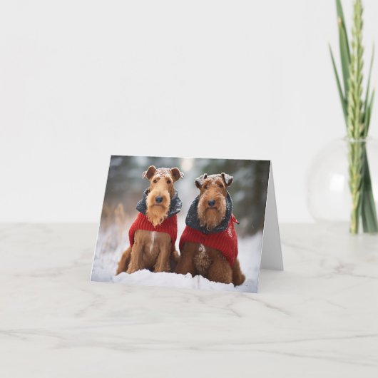 Airedale Hunde in Christmas Sweaters Card Karte (Vorderseite)