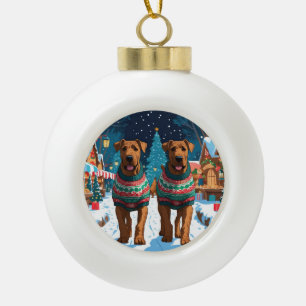 Airedale Hunde Weihnachten Schnee Urlaub Keramik Kugel-Ornament