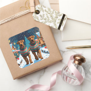 Airedale Hunde Weihnachten Schnee Urlaub Quadratischer Aufkleber