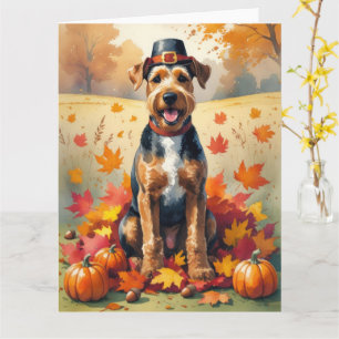 Airedale im Herbstlaub-Erntedankfest-Kunst Karte