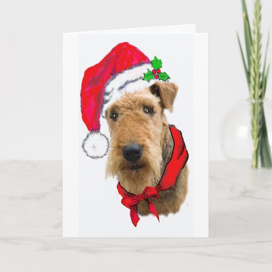 Airedale in der Weihnachtsmannmütze Feiertagskarte (Vorderseite)