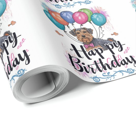 Airedale mit Balloons Geburtstag Geschenkpapier (Rolleneckpunkt)