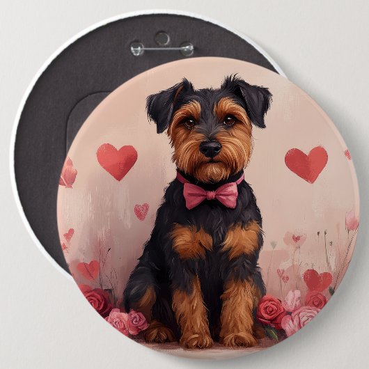 Airedale mit Rose - Valentinstag Button (Vorne & Hinten)