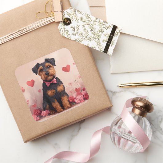 Airedale mit Rose - Valentinstag Quadratischer Aufkleber (Schenken)