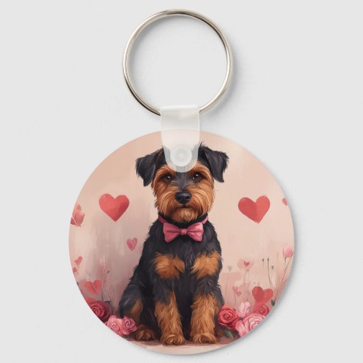 Airedale mit Rose - Valentinstag Schlüsselanhänger (Vorderseite)