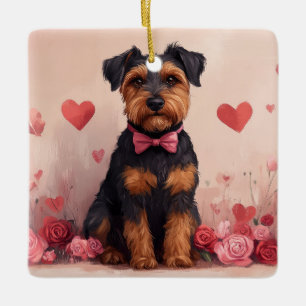 Airedale mit Rosen - Valentinstag Keramikornament