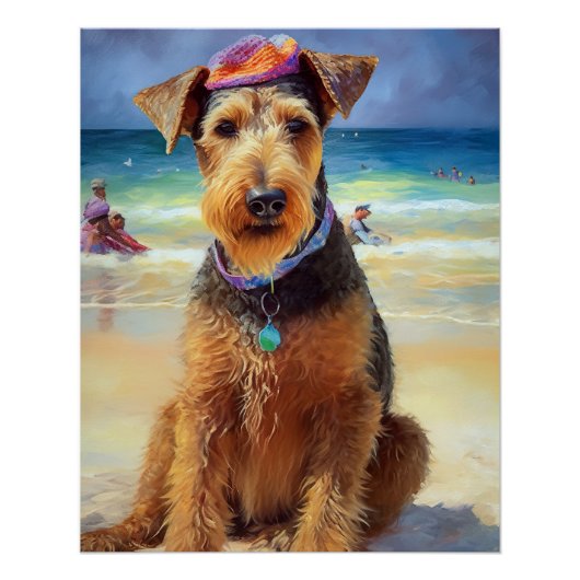 Airedale on Beach, Sommergeschenk für Hundefreunde Poster (Vorderseite)