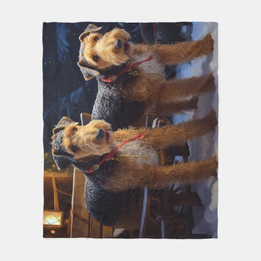 Airedale Snowy Sleigh Reiten Weihnachtsdekor Fleecedecke (Vorderseite)