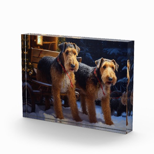 Airedale Snowy Sleigh Reiten Weihnachtsdekor Fotoblock (Rechts)