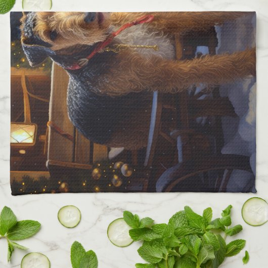 Airedale Snowy Sleigh Reiten Weihnachtsdekor Geschirrtuch (Gefaltet)