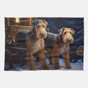 Airedale Snowy Sleigh Reiten Weihnachtsdekor Geschirrtuch