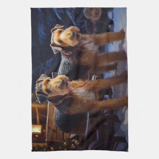 Airedale Snowy Sleigh Reiten Weihnachtsdekor Geschirrtuch (Vertikal)