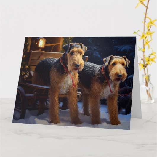 Airedale Snowy Sleigh Reiten Weihnachtsdekor Karte (Gelbe Blume)
