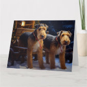 Airedale Snowy Sleigh Reiten Weihnachtsdekor Karte (Vorderseite)