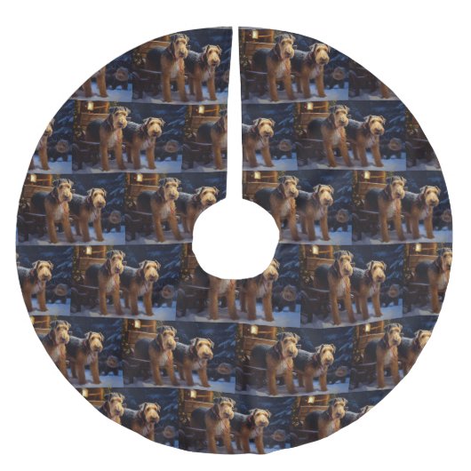 Airedale Snowy Sleigh Reiten Weihnachtsdekor Polyester Weihnachtsbaumdecke (Vorderseite)