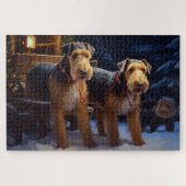 Airedale Snowy Sleigh Reiten Weihnachtsdekor Puzzle (Horizontal)