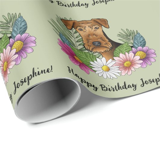 Airedale Terrier Blume Grün Geschenkpapier (Rolleneckpunkt)