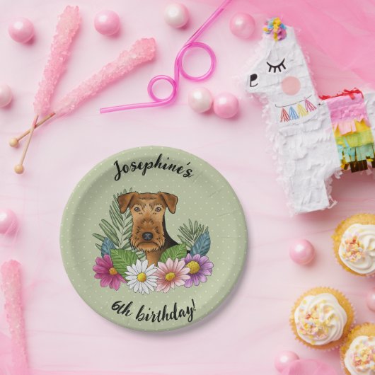 Airedale Terrier Blume Herzlich Willkommen zum Geb Pappteller (Party)