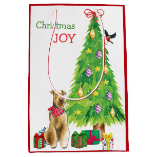 Airedale Terrier Dog, Bird und Weihnachtsbaum Mittlere Geschenktüte
