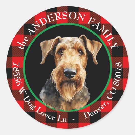 Airedale Terrier Dog Buffalo Karierte Rücksendeadr Runder Aufkleber (Vorderseite)