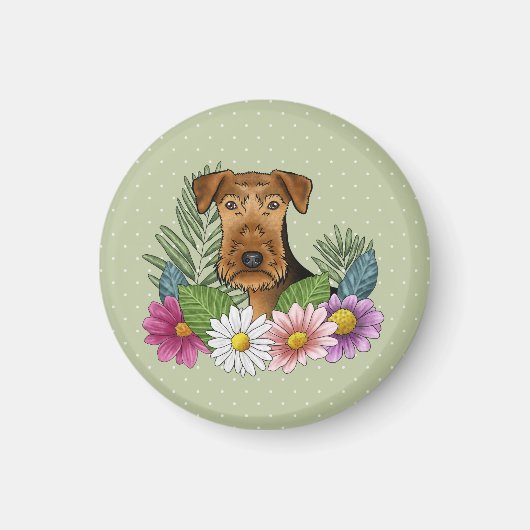 Airedale Terrier Dog Farbige Blume Grün Magnet (Vorne)