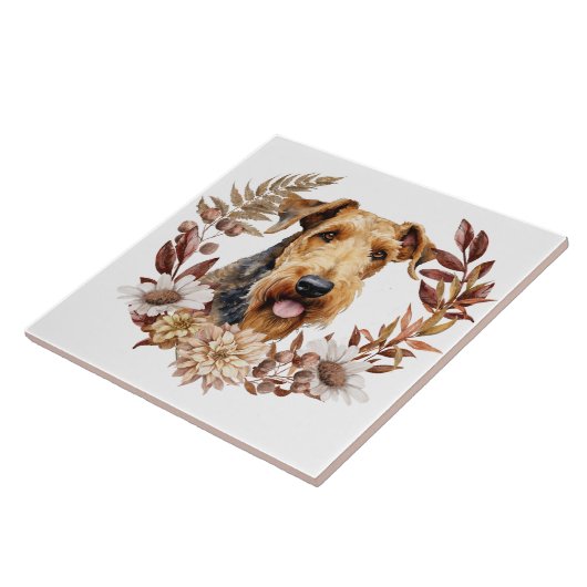 Airedale Terrier Dog Herbstkranz Fliese (Seite)