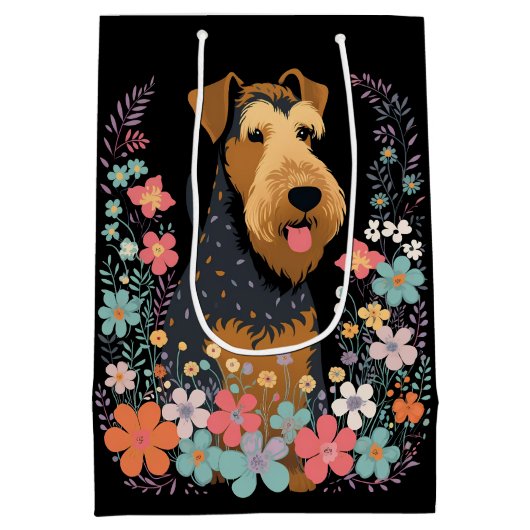 Airedale Terrier Dog im Blumengarten Niedlich Mittlere Geschenktüte (Rückseite)