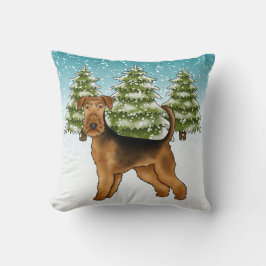 Airedale Terrier Dog im schneebedeckten Winterwald Kissen