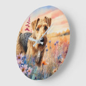 Airedale Terrier Dog in a Wildflower Meadow Große Wanduhr (Winkel)