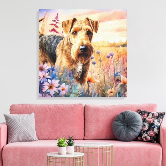 Airedale Terrier Dog in a Wildflower Meadow Leinwanddruck (Insitu (Wohnzimmer))