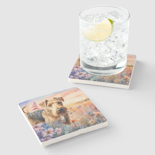 Airedale Terrier Dog in a Wildflower Meadow Steinuntersetzer (Seitenansicht)