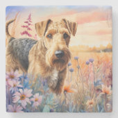 Airedale Terrier Dog in a Wildflower Meadow Steinuntersetzer (Vorderseite)